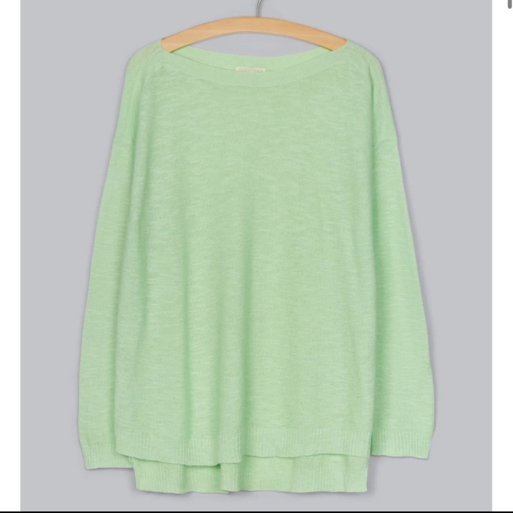 Eileen Fisher Green Linen Blend Knitted Boat Neck Sweater - Coastal Lagenlook